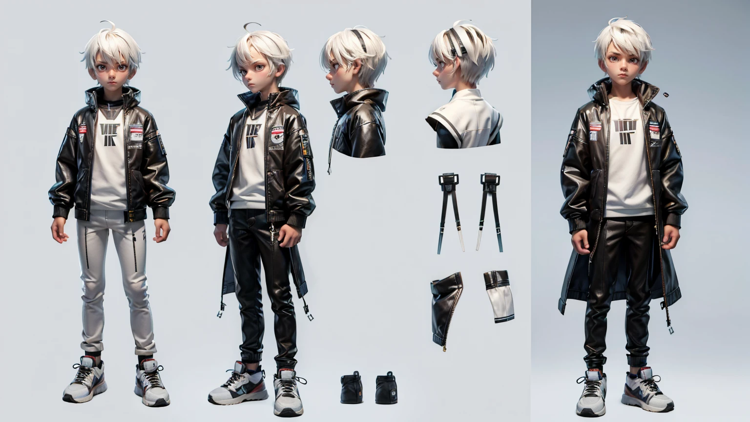 cute face boy, cute face, short height boy, wearing casual futuristic brown  pent, full standing pose, white bomb  style hairs, white  hair, sports shoes, Character Sheet, 12 yo student, Full body, Simple white background, front pose character reference sheet, Concept art, design sheet