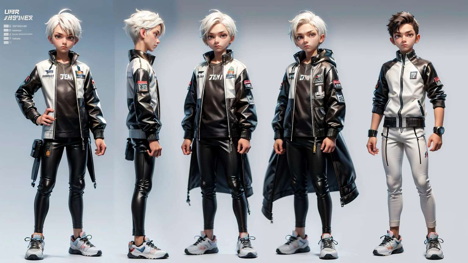 cute face boy, cute face, short height boy, wearing casual futuristic grey color pent, full standing pose, Bun Fade hairs, Bun Fade style hairs, white hair, sports shoes, Character Sheet, 12 yo student, Full body, Simple white background, front pose character reference sheet, Concept art, design sheet