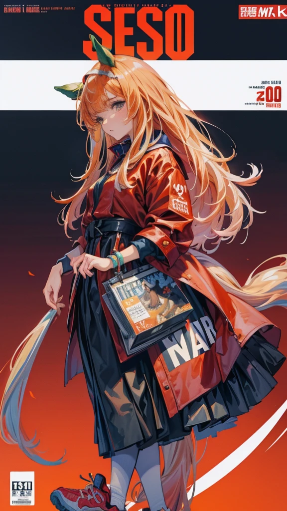 Horse-themed characters, Run, Wearing big sneakers, サイバーパンク, Scarlet image color, Keep the background simple, Magazine cover design, Horse tail, Like a horse girl, horse ears, projected inset, UHD, highres, best quality, 8k