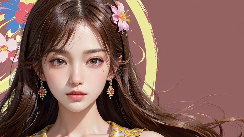 One girl, alone, flower畑, flower, (Official Art, unity 8k wallpaper, Super detailed, beautifully、aesthetic, masterpiece ,Highest quality:1.3), (Dynamic Angle:1.2), (Floating colorful sparkles:1) , elegant, Vibrant colors, Highly detailed face, Detailed eyes, Glowing Skin, Glossy Lips , Red and yellow background, Brown Hair,