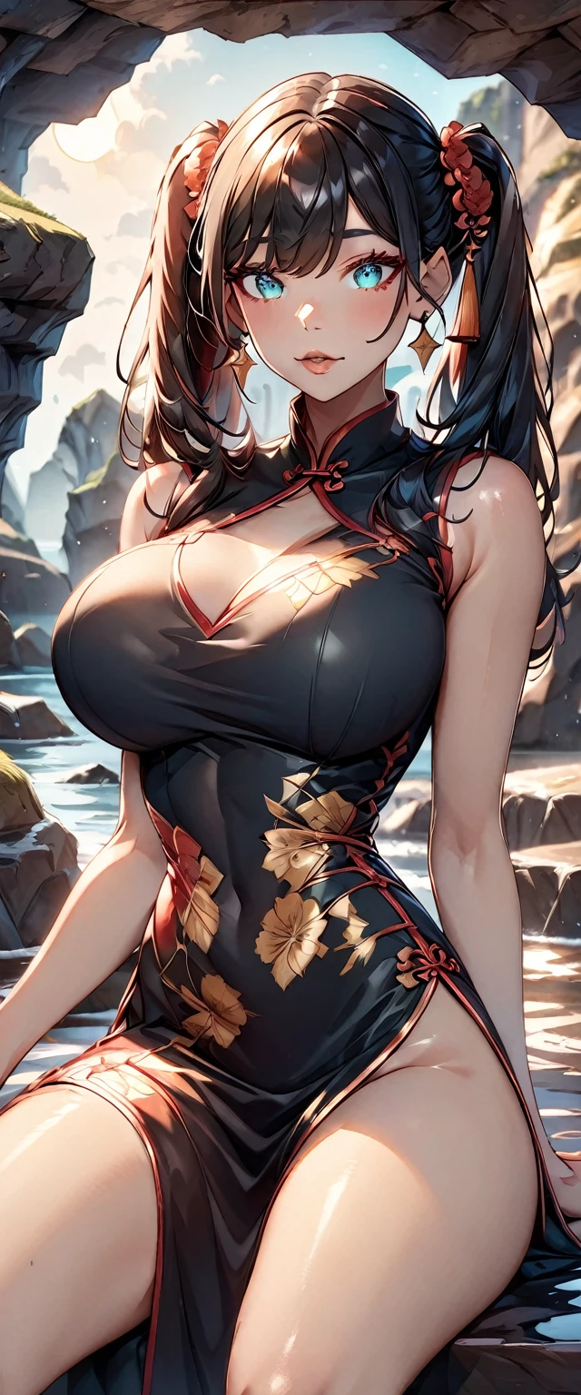 Photo of a woman with natural skin, Upper Body, Seaside cave, The light is shining in, High Twintails, Black hair with red mesh, Sharp eyes with red eyeshadow, Blue-green eyes, Shining eyes, A thin, upturned nose, Well-shaped lips, Big Breasts, Big Butt, ((China dress, Large size clothes, Thighs)), Makeup, Exquisitely crafted with the utmost attention to detail, Vibrant, amazing, Smooth, Cinematic, 4K, Backlight, (()), Shallow depth of field, ((Detailed eyes:1.3, Detailed lips:1.3, high quality, )), masterpiece, Super detailed images, High quality