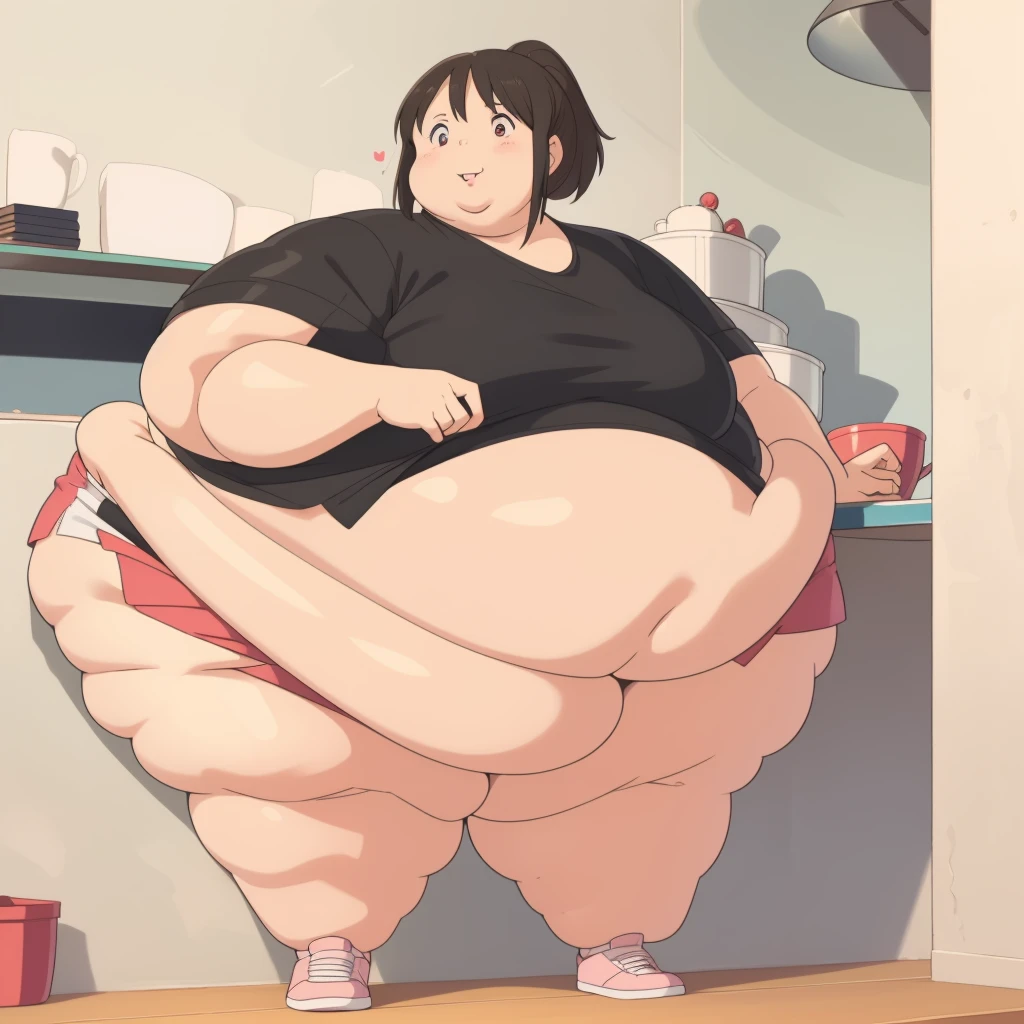 Morbidly obese, full body, arched back, highres, ashleygraves, 1girl, solo, wide open eyes, pink eyes, low ponytail, white outline, monochrome, choker, indoors, smile, looking at viewer, <3, full body, one hand, spoken heart, zoomed out, Round face, double chin, fat chin, fat cheeks, fat neck, round face, SSBBW, flabby arms, round face, double chin, fat double chin, big double chin, fat neck, chubby cheeks, fat thighs, fat calves, morbidly obese, flabby , giant , large belly, obese, fat face, belly, double chin, obesity, flabby breasts, fat arms and legs, fat everything,
