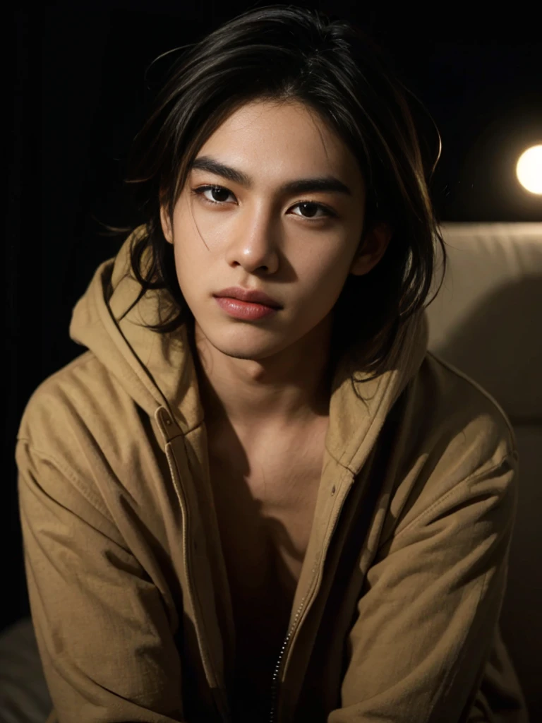 Best quality, masterpiece, ultra high res, (photorealistic:1.5), raw photo, in the dark, deep shadow, low key, cold light, man face, 1 man, 1man, man, Jaws firm, thin eyebrows, thin lips, Eye shape like a snake's eye, realistic, Male shoulders, Muscular, mullet hairstyle, broad shoulders, black hair, tan skin, angry face, cool face, bad boy vibe, wearing hoodie jeans jacket, carrying a black, smirk face, masculine, look cool, cool face, mainly face, half body portrait, Night city background, sharp eye, tan skin, Look like a Filipino boy, brown eye, looks 19 years old, 19 years old, real, Handsome. , full length shot(fls) , hips , thighs