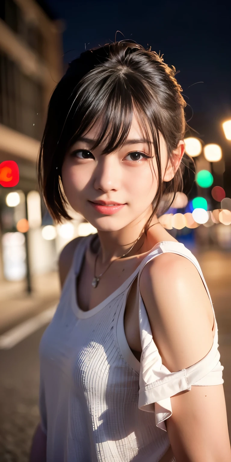 1 girl, Tokyo Street,night, Streetscape,City lights,Upper Body,close,smile,, (8k, RAW Photos, Highest quality, masterpiece:1.2),(Realistic, photo-Realistic:1.37),
