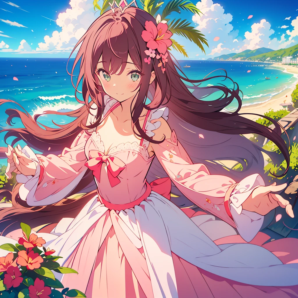 kawaii, anime, Cute, hyper quality, highly detailed, 8k, Clarity, dark brown long hair, pink bougainvillea, green eyes, droopy pink bougainvillea flower garden, bougainvillea, Ocean View, beach, pink wedding dress, light shines in, pink bougainvillea flowers, pink bougainvillea bouquet, dignity, platinum tiara, pink wedding dress, highlight on eyes, Looking back, Pose with movement, whole body, Uplifting, Inciting point of view, special perspective, dignified expression, smile dignifiedly, close up of face, Draw facial expressions in detail, the dress is fluttering, dignified stance, petals dance, 	