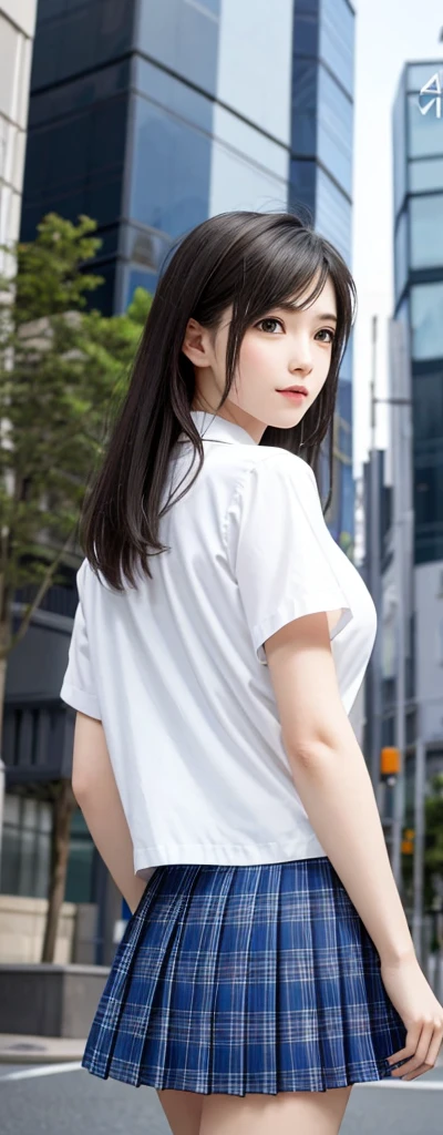 {top quality, masterpiece}, (Realistic: 1.3), (photo Realistic: 1.3), wallpapers, BREAK {{{FF7, Tifa_lockhart, solo}}},{{{Japan JK uniform, White short-sleeved shirt, Navy Blue Plaid Pleated Skirt, Dark blue short socks, loafers, see through shirt}}}, (background big city,shibuya:1.1), {{{erotic, Nogizaka idol}}}, Ultra-detailed face, Detailed eyes, Red eyes, BREAK (black brown hair, Large breasts: 1.0),  BREAK  About 18 years old, kawaii, sensual, looking away, {{{behind view, back hair, calf, back view}}}, {model pose}, focus on legs , 