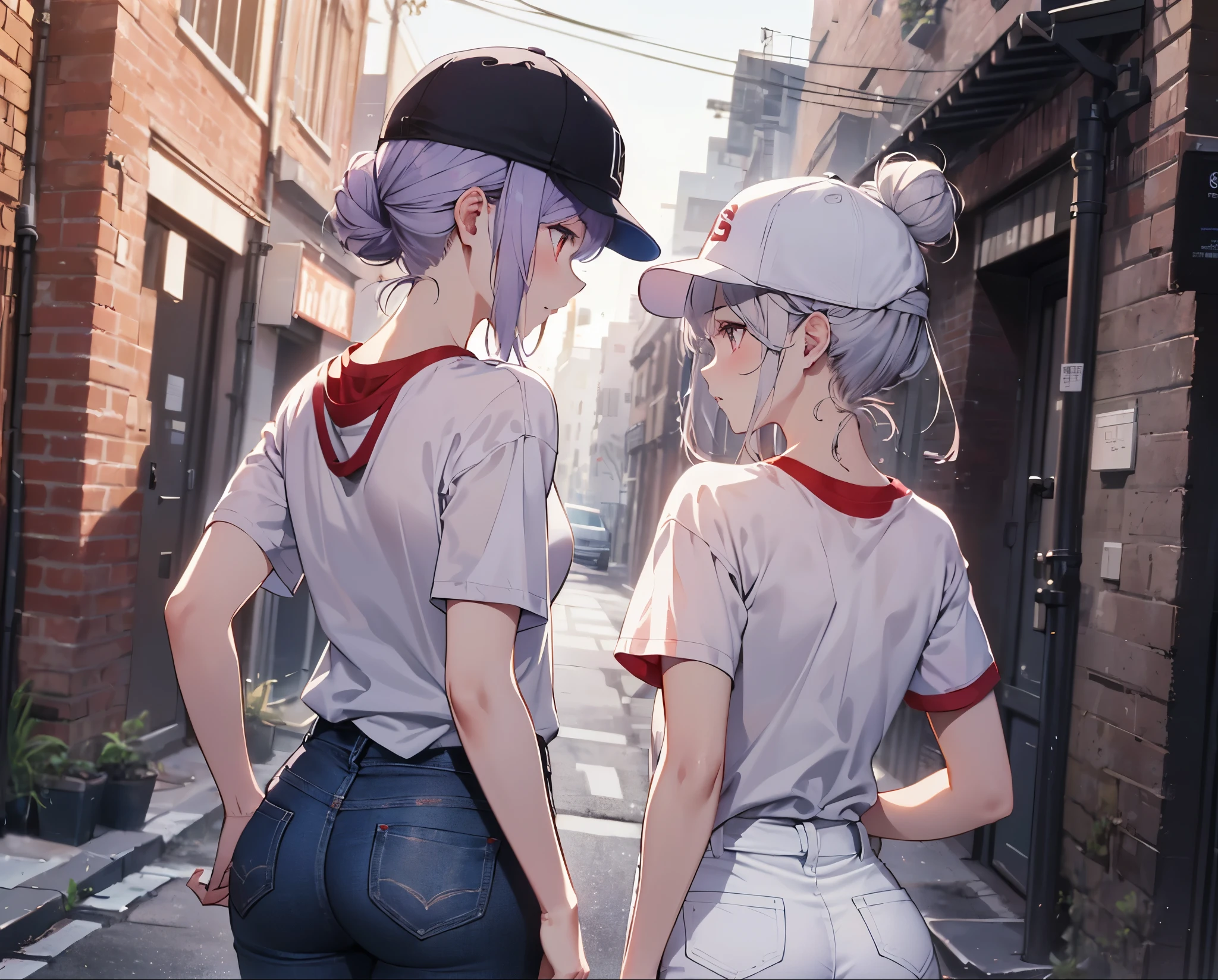 (Close-up:1.3),Realistic,Highest quality, Super detailed, High-quality CG rendering, The most delicate and beautiful, Floating softly, High resolution, (1 girl), (Highest quality,4K,8k,masterpiece:1.2), Light purple hair,(Hair in a bun:1.5),Red eyes,(Pure white oversized short sleeve T-shirt:1.3),(Black skinny jeans:1.3),(Pure white baseball cap:1.3),In the city,old buildings,Narrow back alley,(Turn your back to your audience:1.3),Butt