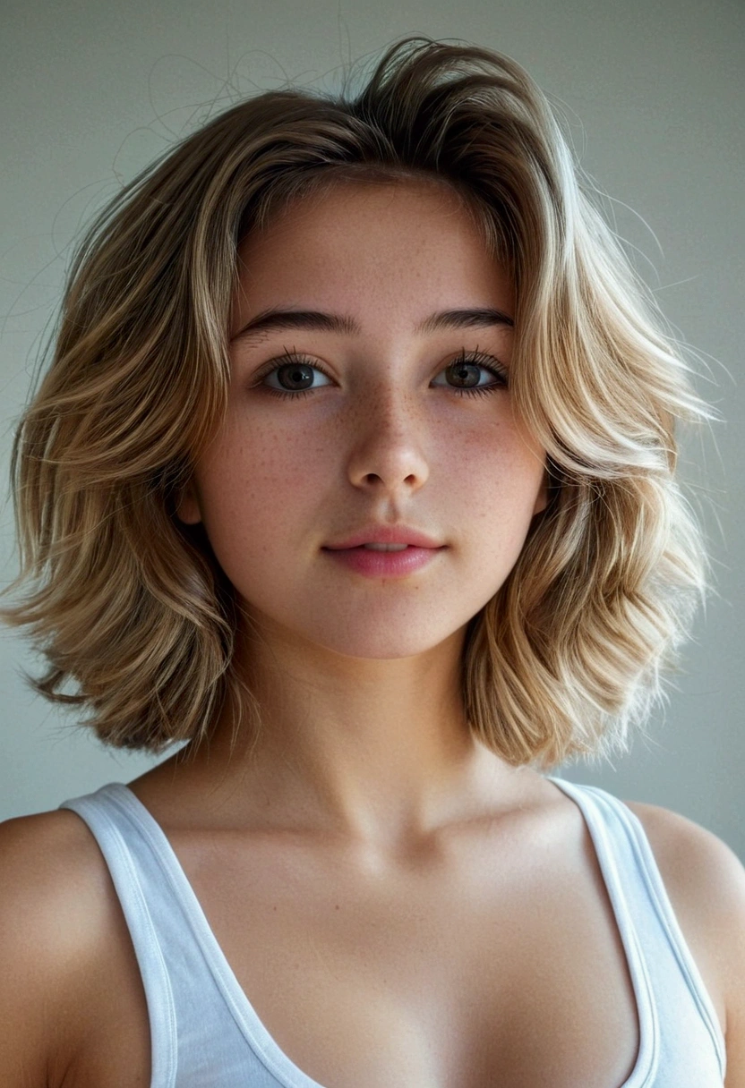 Cinemathigraphy, photography, beautiful girl 18 years old, medium hair women, perfect body, normal breast, perfevt ass, white tanktop girl, white short girl, selfie