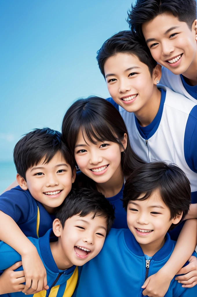 A bright background with a smiling mother and her two elementary school-aged sons standing together in an icon. The mother is hugging her children and laughing joyfully. The boys are each snuggled up to their mom, showing energetic and happy smiles.