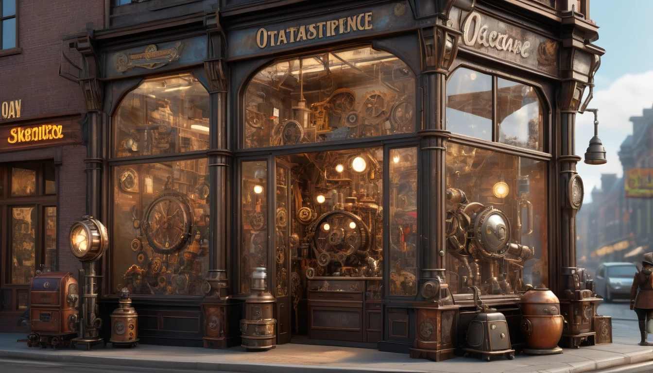 Steampunk Art, Toy store, Window Display, Octane Rendering, Strengthen, Complex, (Highest quality, masterpiece, Representative works, Official Art, Professional, 8k wallpaper:1.3)
