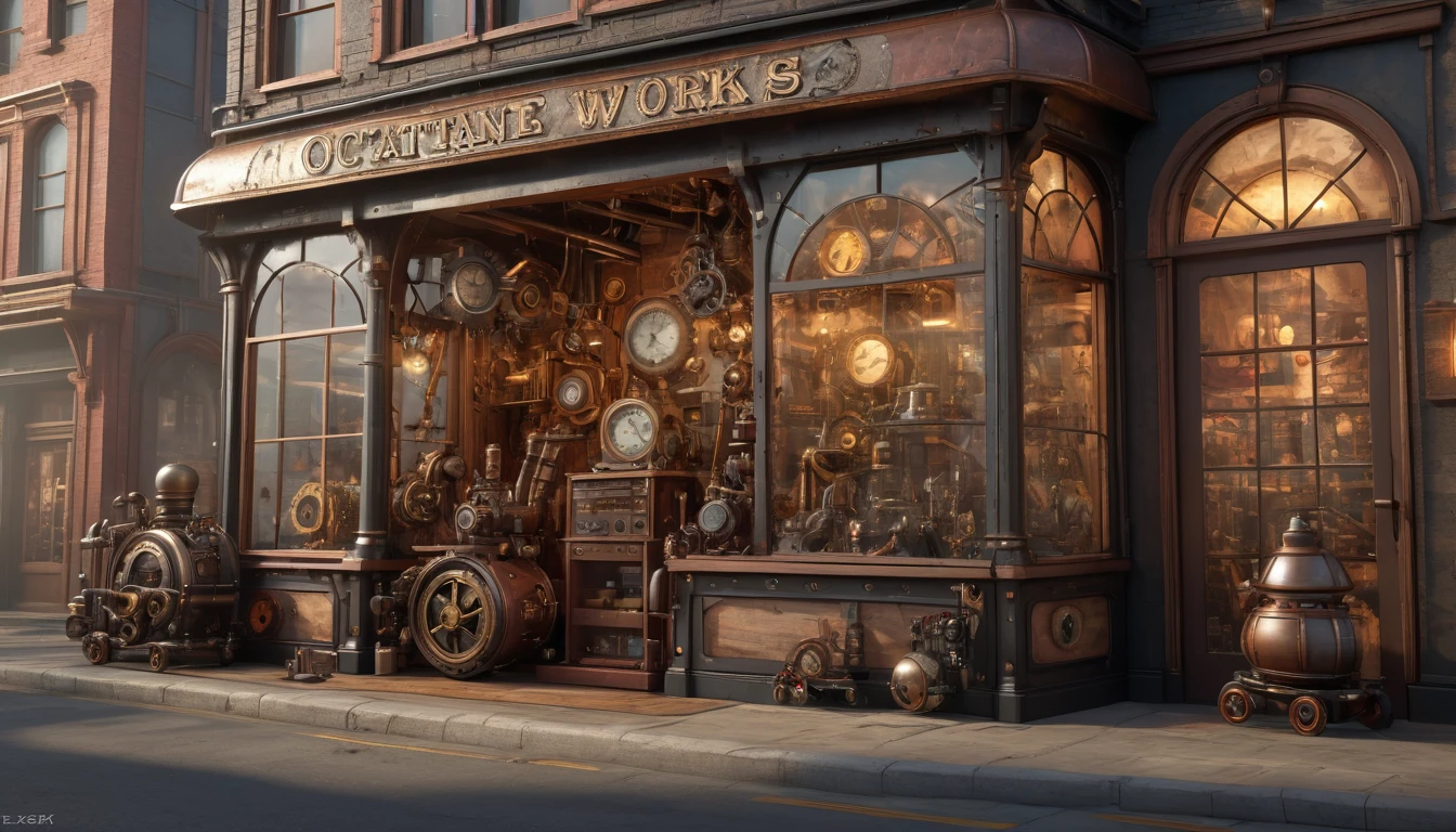 Steampunk Art, Toy store, Window Display, Octane Rendering, Strengthen, Complex, (Highest quality, masterpiece, Representative works, Official Art, Professional, 8k wallpaper:1.3)