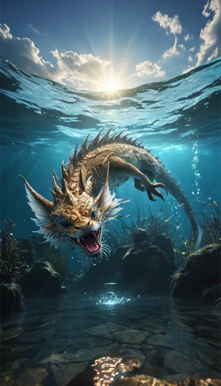 A mythical creature from the water(best quality，4K，8k，High level，masterpiece：1.2），Ultra Detailed，（lifelike，Photo real，Photo real：1.37），Highly detailed animals，Complex patterns，Realistic lighting，Fantasy Creatures