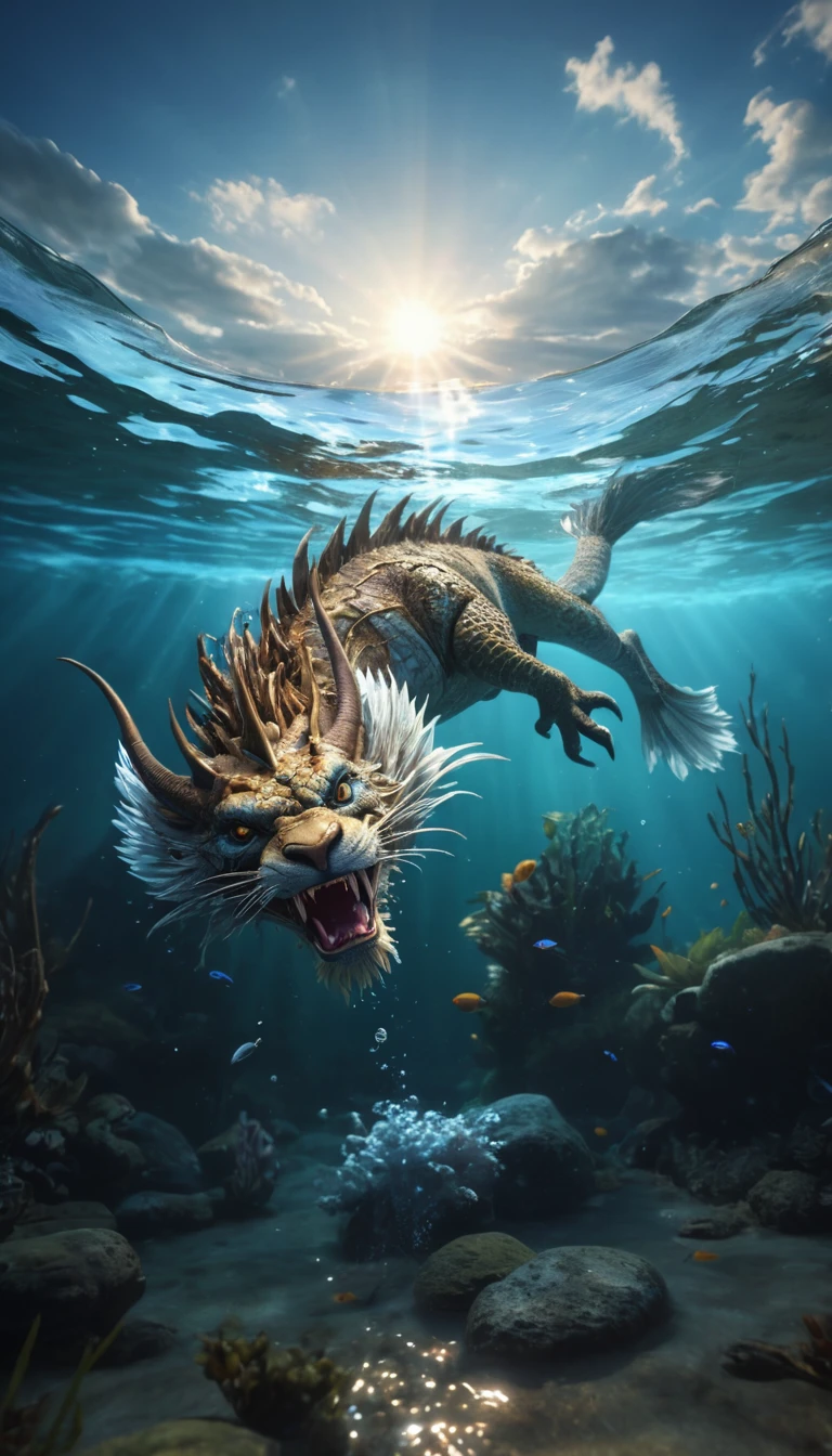 A mythical creature from the water(best quality,4K,8k,High level,masterpiece:1.2),Ultra Detailed,(lifelike,Photo real,Photo real:1.37),Highly detailed animals,Complex patterns,Realistic lighting,Fantasy Creatures