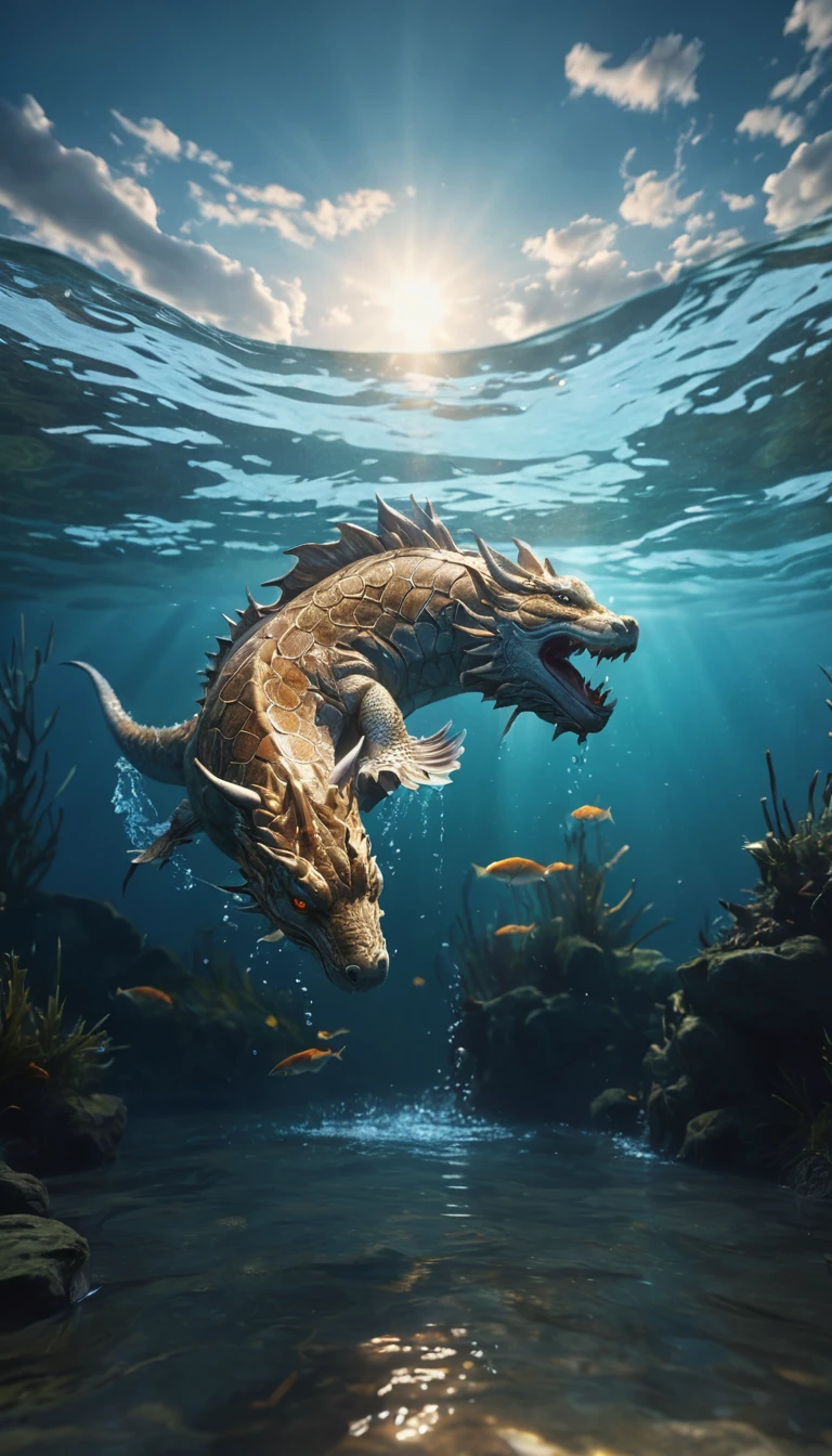 A mythical creature from the water(best quality,4K,8k,High level,masterpiece:1.2),Ultra Detailed,(lifelike,Photo real,Photo real:1.37),Highly detailed animals,Complex patterns,Realistic lighting,Fantasy Creatures