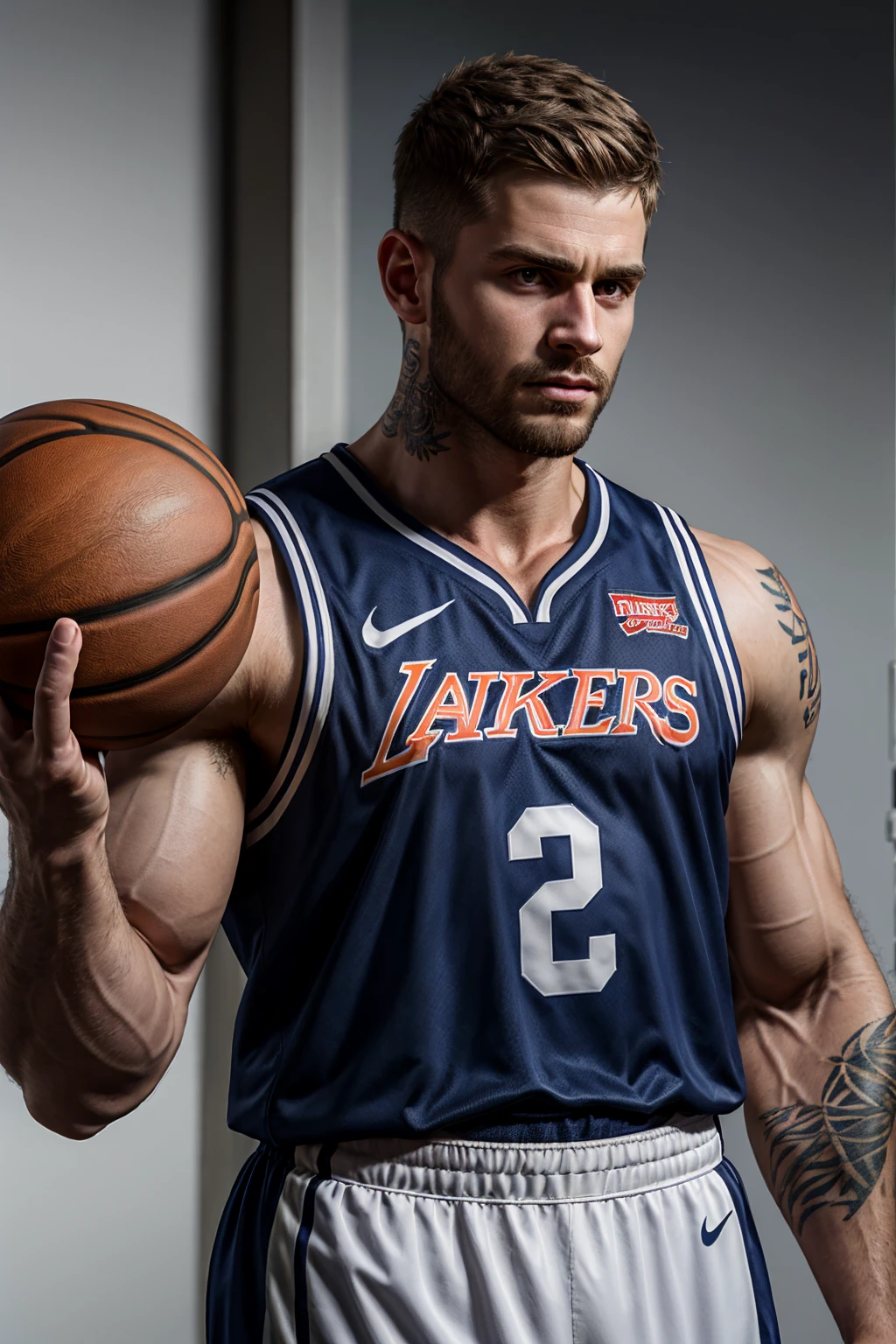 Portrait, photorealistic, best quality, masterpiece, perfect face, perfect eyes, mature muscular hunk, brown undercut hair, tattoos, basketball jersey, upper body