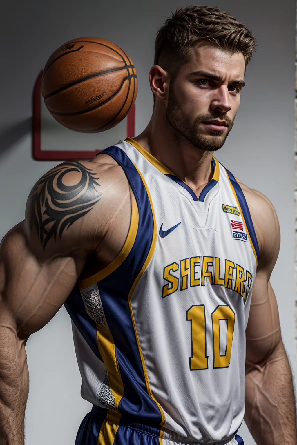 Portrait, photorealistic, best quality, masterpiece, perfect face, perfect eyes, mature muscular hunk, brown undercut hair, tattoos, basketball jersey, upper body