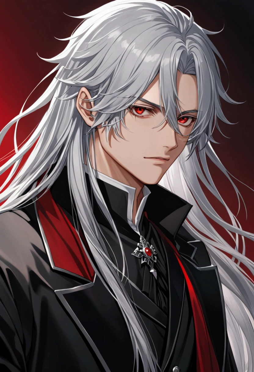 male、Silver hair with one eye hidden by long hair、Long Hair、Black clothes、Black coat、first round、Red eyes