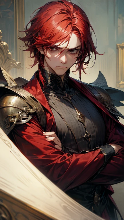 masterpiece, (whole body), realistic, Detail-up, red hair, dark circles, frowning, 1 man.