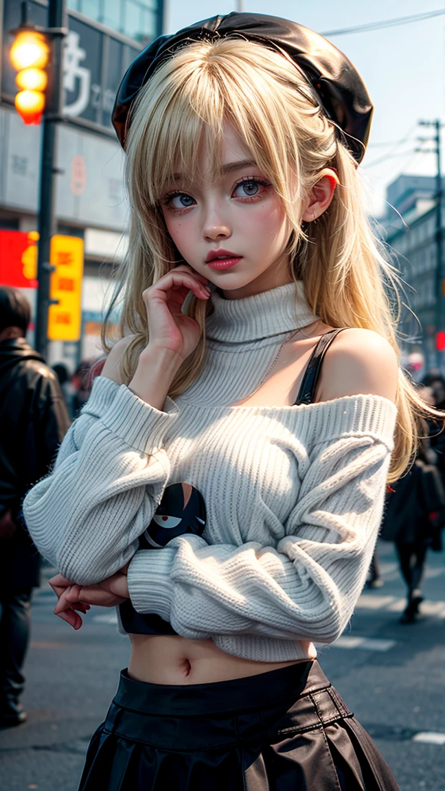 1 girl, Russian language, cute, blonde hair, white sweater, crop top, off shoulder, shy, black skirt, Black Ushanka, Harajuku street background,white balance