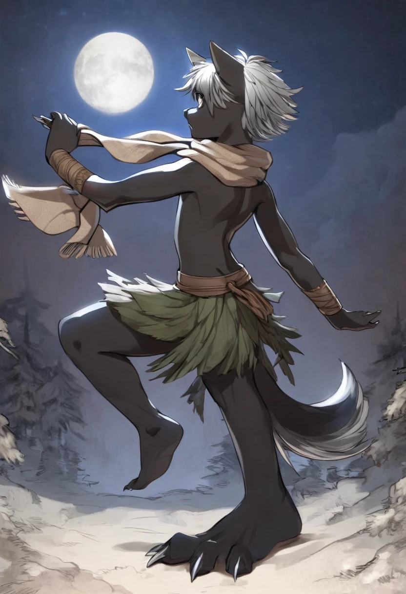 A full-length work of art in the Dc-Comics style, a beautiful young short black boy with black skin tone his skin is smooth without hair, 15-year-old, beautiful shredded white silver Mullet hair, with wolf ears hairy, with silver eyes, their expression is rebellious and aggressive, bare feet, large feet and hands with very sharp claws, with a rustic druid outfit with a scarf and a full moon background