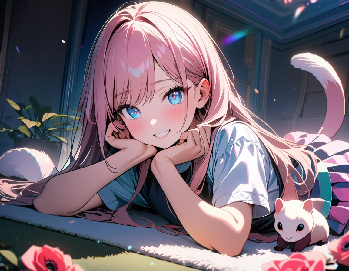 (8K, best quality, master piece: 1.2),super high resolution,1 girl,solo,,Lying on the carpet,head rest,ultra-detailed face,detailed eyes,Pastel pink hair,long hair,straight hair,Short sleeve Anemone pattern Colorful layered dress,happy,Rose gold hair,seductive smile,(cute ferret),1 flowerpot of Dracaena,rim light,Dynamic angleSophisticated room