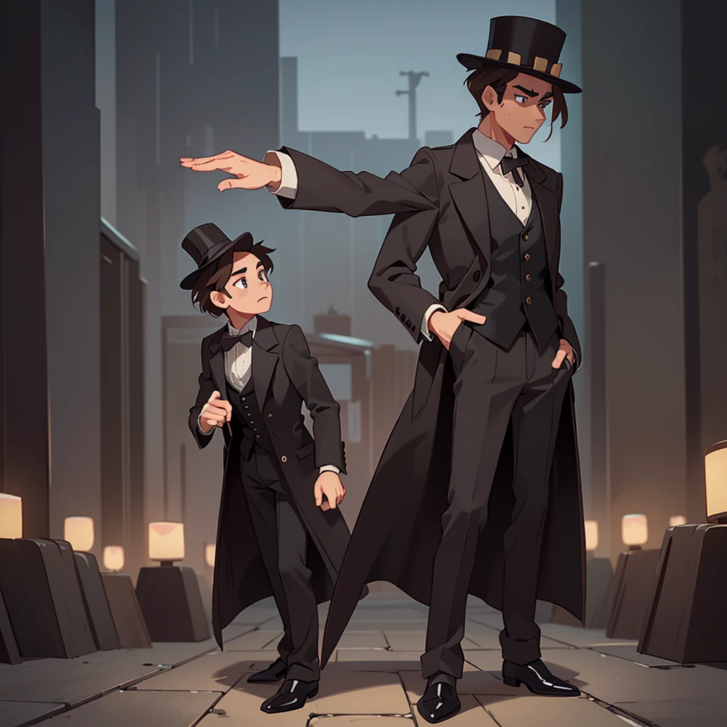 masterpiece, Highest quality, Realistic, 1 person, Mature Men, A quiet and attractive young man, Age 25, Close ~ eyes, Serious expression, Highly detailed face, ((Dark grey eyes)), ((Short dark brown hair swept to the right)), [Thick eyebrows], Thief, city, ((Wearing a classic overcoat and top hat)), Cinema Lighting, Looking at the audience, Postural dynamics,Side angle、((Full body view))