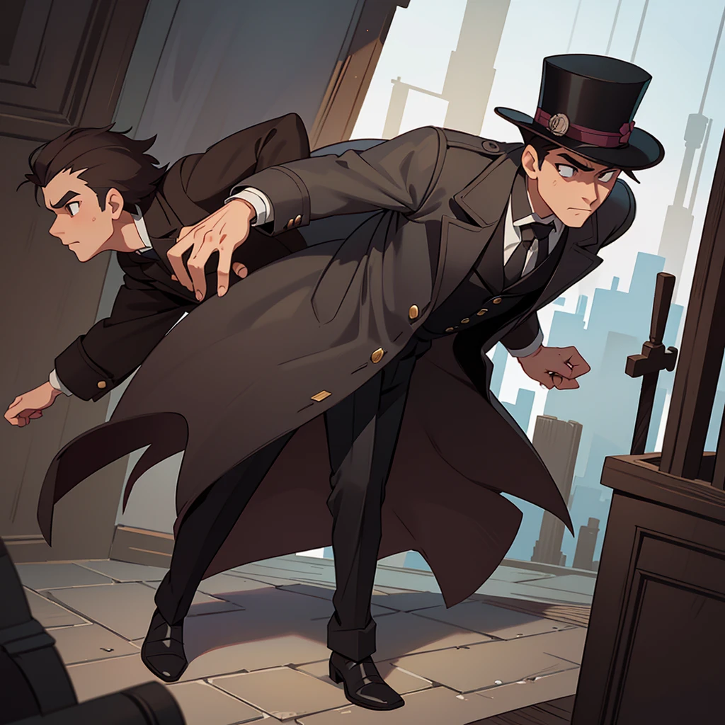 masterpiece, Highest quality, Realistic, 1 person, Mature Men, A quiet and attractive young man, Age 25, Close ~ eyes, Serious expression, Highly detailed face, ((Dark grey eyes)), ((Short dark brown hair swept to the right)), [Thick eyebrows], Thief, city, ((Wearing a classic overcoat and top hat)), Cinema Lighting, Looking at the audience, Postural dynamics,Side angle、((Full body view))