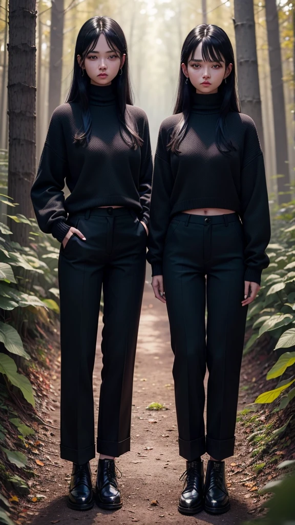 Twins ,black eyes black hair ,with sweater,wide blue pants , in a dark forest ,woman killing, golden eyes title
