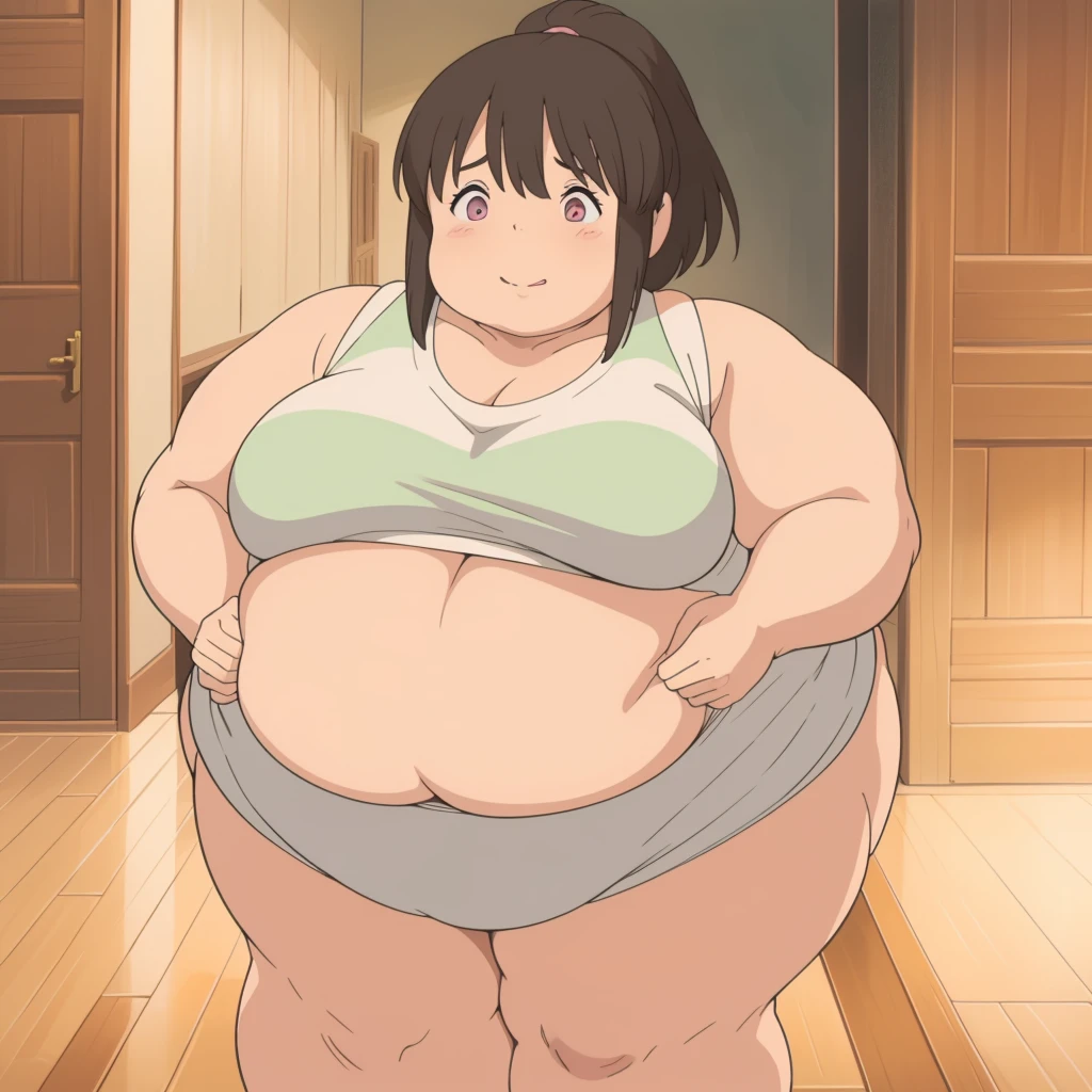 Morbidly obese, full body, arched back, highres, ashleygraves, 1girl, solo, wide open eyes, pink eyes, low ponytail, white outline, monochrome, choker, indoors, smile, looking at viewer, <3, full body, one hand, spoken heart, zoomed out, Round face, double chin, fat chin, fat cheeks, fat neck, round face, SSBBW, flabby arms, round face, double chin, fat double chin, big double chin, fat neck, chubby cheeks, fat thighs, fat calves, morbidly obese, flabby , giant , large belly, obese, fat face, belly, double chin, obesity, flabby breasts, fat arms and legs, fat everything,