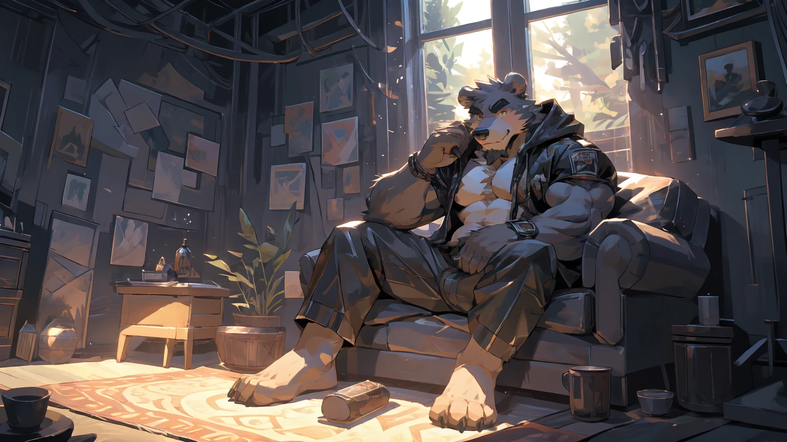 (masterpiece:1.2), best quality,pixiv,official art,perfect anatomy, (Ray tracing, light),solo, (1_male:1.3) , (muscle), (grey fur:1.4), (muscle bear), (beard:1.2), (gleaming golden eyes), bear tail, Thick black eyebrows, (open hooded parka) , (naked inside:1.2), cargo shorts, barefoot , french window, indoor , fur carpet , cushion , rest on sofa