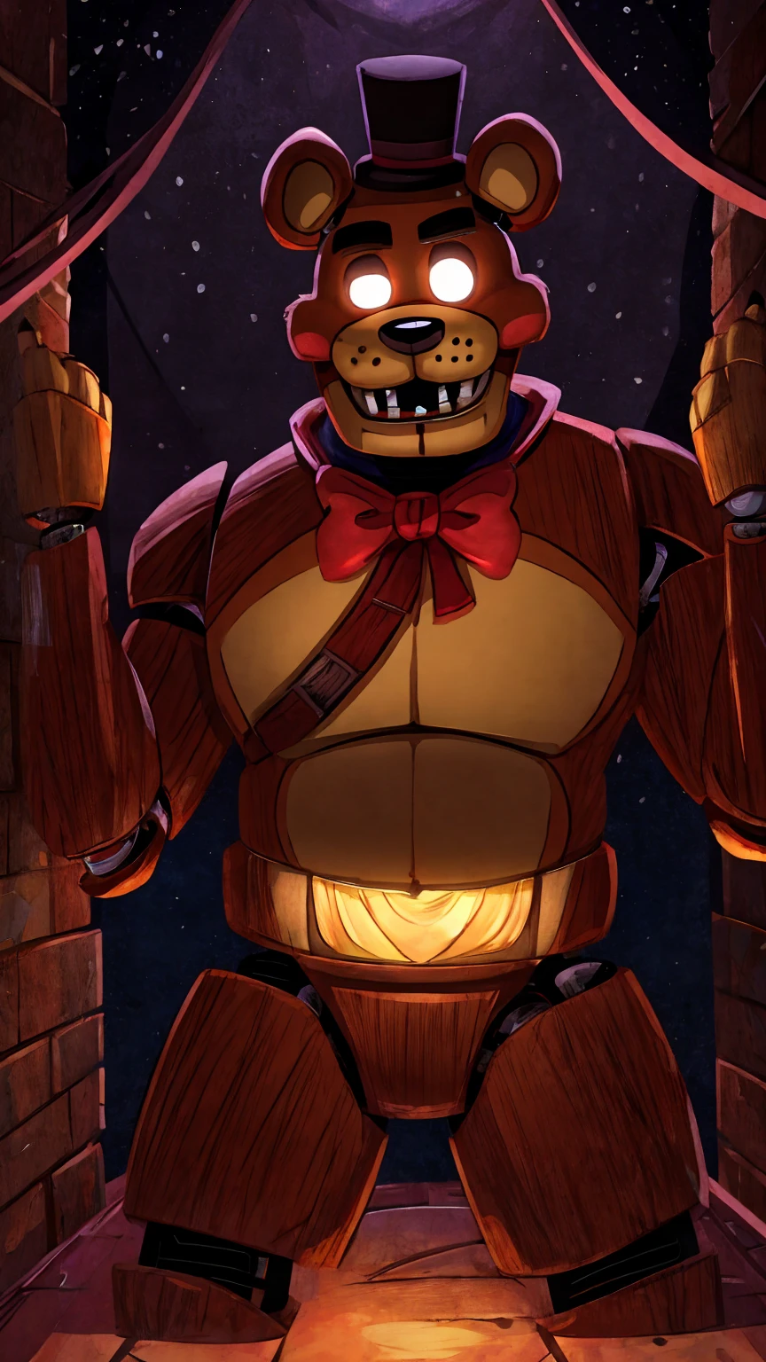 Five nights at freddys pizzaria, ruin pizzaria, glowing animatronic eyes in the dark, freddy fazbear