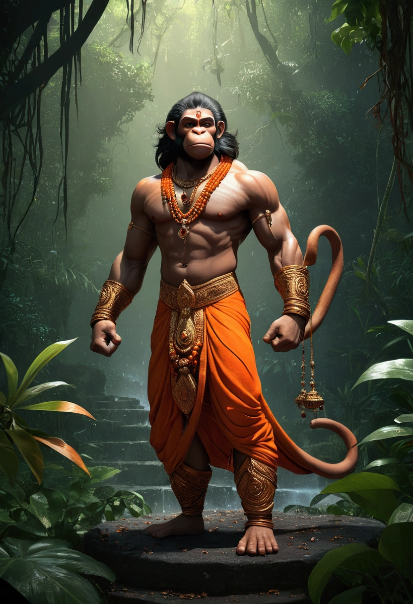 LORD HANUMAN ,a 35 years old man who has a face of a monkey, has a long tail as a monkey, proper super detailed eyes, proper super detailed hands, proper super detailed legs, An Indian god, Lord Hanuman, face of a monkey , moderate stature, has a big tail, Fire on the background, strongly built, broad-chested, narrow-waisted, and long-armed, big gada in his hand, in a dark forest (Professional 3D rendering:1.3) by (Realistic:1.3) World's most beautiful art picture, Features soft, dark complexation male heroes , hindu god, indian god, ((Epic hindu god , lord Hanuman, fantasy rough muscular man wet hero angry look long hair long slightly white beard and fierce expression in dynamic pose, wearing a orange robe, inside a jungle, burning lights in the background, majestic environment)), full body 8k unit render, action shot, skin pores, very dark lighting, heavy shading, detailed, Detailed face, (vibrant, photorealistic, Realistic , Dramatic, Dark, sharp focus, 8k), (orange cloths with heavy jewelry r:1.4), (intricate:1.4), decayed, (highly detailed:1.4), painting digital, rendering by octane, art stations, Concept-Art, smooth, sharp focus, illustration, germ of art, (Loish:0.23), Wlop Ilya Kuvshinov, and Greg Rutkowski and Alphonse Mucha Gracias, (global illumination, studiolight, Light Volumetric ), heavy rain, floating particles, scoundrel, fantasy, Eleven, full bodyesbian, ((Dark jungle background:1.3)),CGSesociedade,art stations