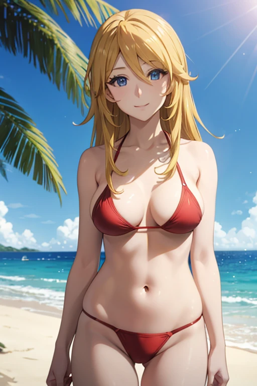 mori yuki、Shiny golden hair, Long Hair, (Beautiful blue eyes、Sparkling eyes, Fine grain)、smile、Modest chest、Ultra-detailed eyes、Highly detailed face, Highly detailed eyes, , Cowboy Shot、 




1 girl,, Body Type Perfect Body, whole body, Red Bikini, ２8-year-old, Height: 160cm, Breast Cup C, White skin, Standing pose, smile, Midsummer Beach、Lens flare