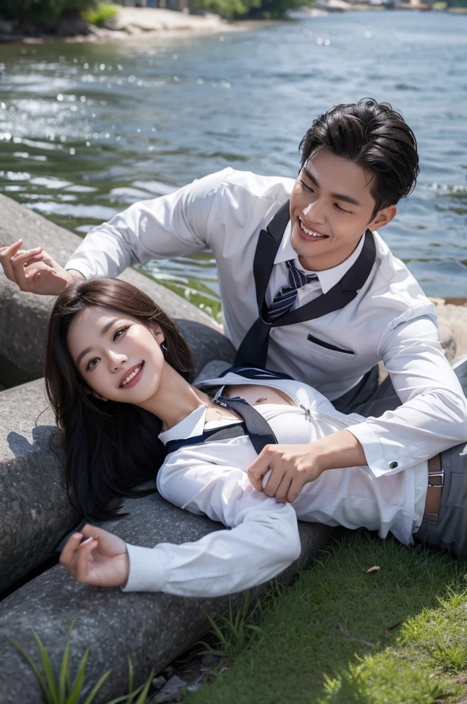 romantic couple. an Indonesian man lying on river, it is raining On the right and left sides of the river, there are lush grass, laughing cheerfully, there was a woman sitting smilling is seento try to bite the zipper of the man's pants with her teeth. in indonesian high school uniforms with white tops and gray bottoms, blank gray tie. 4k. ray tracing. high resolution realistic
