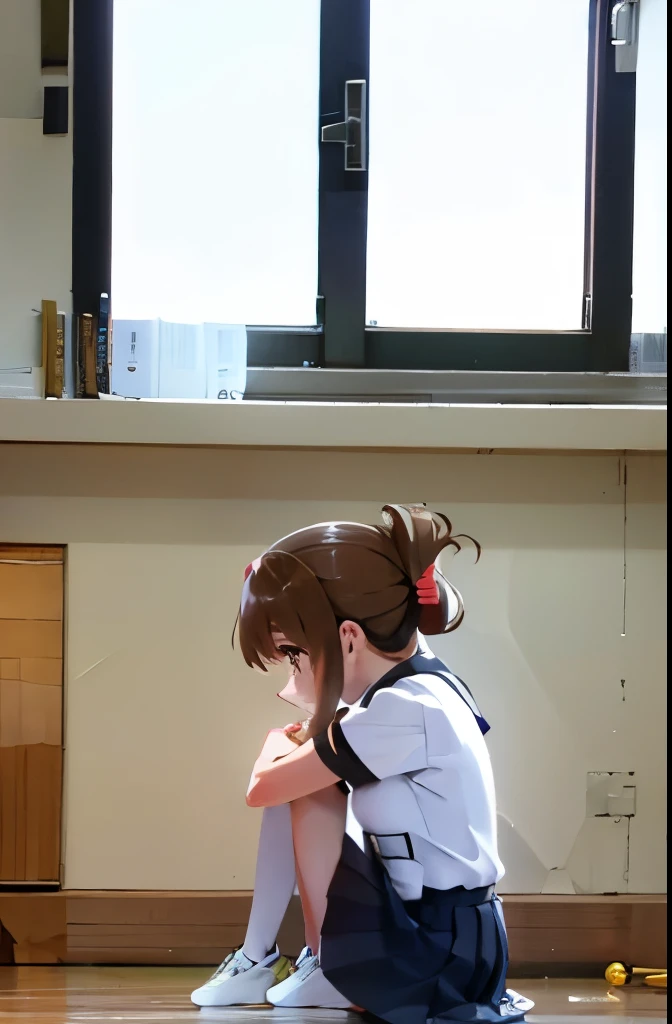 He is sitting on the floor of the school gymnasium, feeling unwell and holding his knees while observing a class.,(masterpiece, best quality:1.2),illustration,8k,HD,1girl,独奏,upper body,(portrait:1.2),brown_hair,folded_ponytail,brown_eyes,serafuku,long_hair,school_uniform,skirt,pleated_skirt,