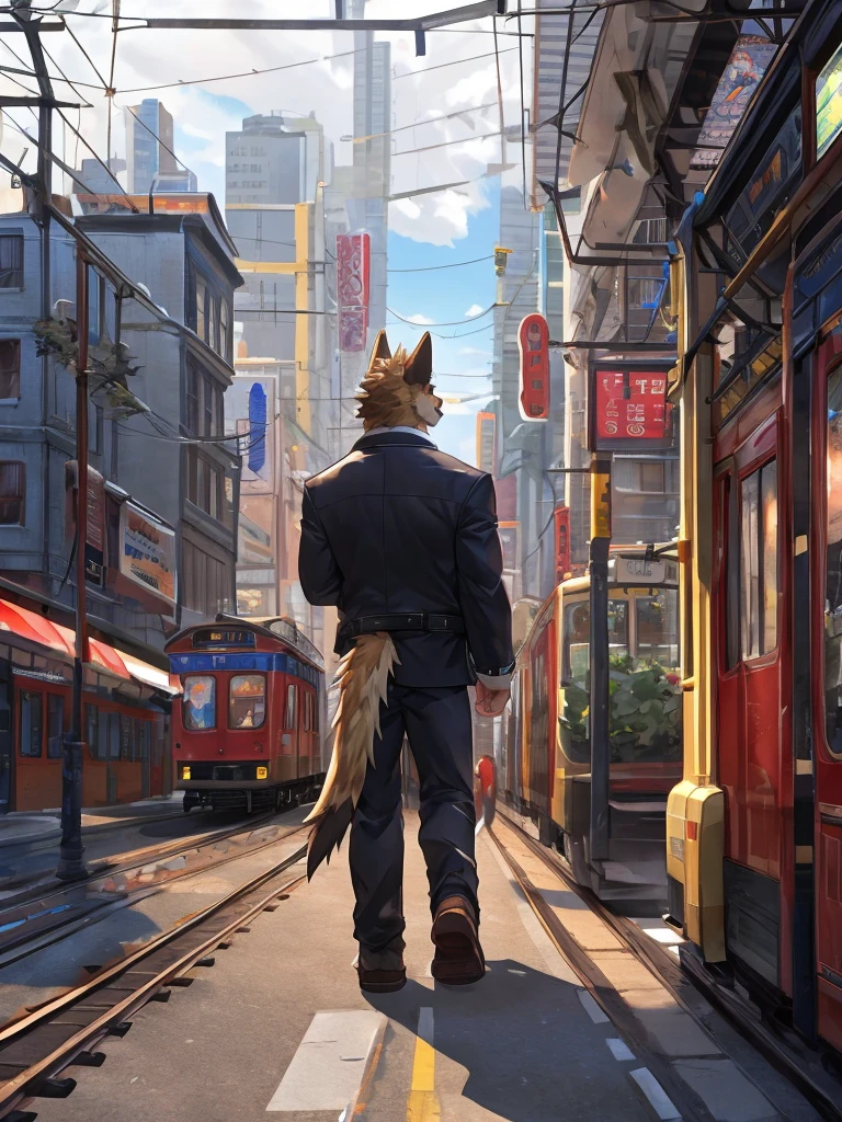 embedding:German Shepherd Dog, male,red eyes,Single person,The side,In the carriage,Look outside,Outside the train is the city.Headset,,Black jacket,The game CG,Illustration,On the tram,A melancholy atmosphere,Artistic tones,Stand by the window.The highest quality of scene detail,adult,Tall and powerful,muscle,Best quality hands, best quality eye,detailed fur,Delicate eyes.Extreme picture quality,by sollyz,by zixiong,by milkytiger1145