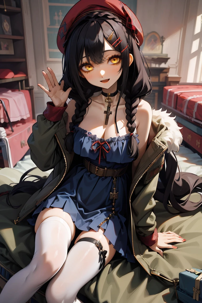 (masterpiece:1.2), (high quality:1.2), girls with((1girl, solo, black hair, yellow eyes, smiling, (wavy long hair, wearing a red beret, hairclips, braids:1.45), bare shoulder, blush, breasts, choker, cleavage, coat, cowboy shot, long dress, blue lace dress, camisole, ribbon waist belt, black ribbon belt, red bow, red ribbon, neck ribbon, collar, collarbone, rosary, rosary choker, cross, fur, fur trim, parka, khaki hoodie, green hoodie, khaki jacket, hood down, hooded coat, hooded jacket, hoodie, jacket, large breasts, long sleeves, medium breasts, open clothes, open coat,open hoodie, sleeveless, winter clothes, zipper, cleavage, upper body, hand up, waving, palm, white thighhighs, single thighhigh, exposed legs, exposed foots, left thighhigh, solo, legs, high heels, sittings)), background with((bedroom, room:2.0))