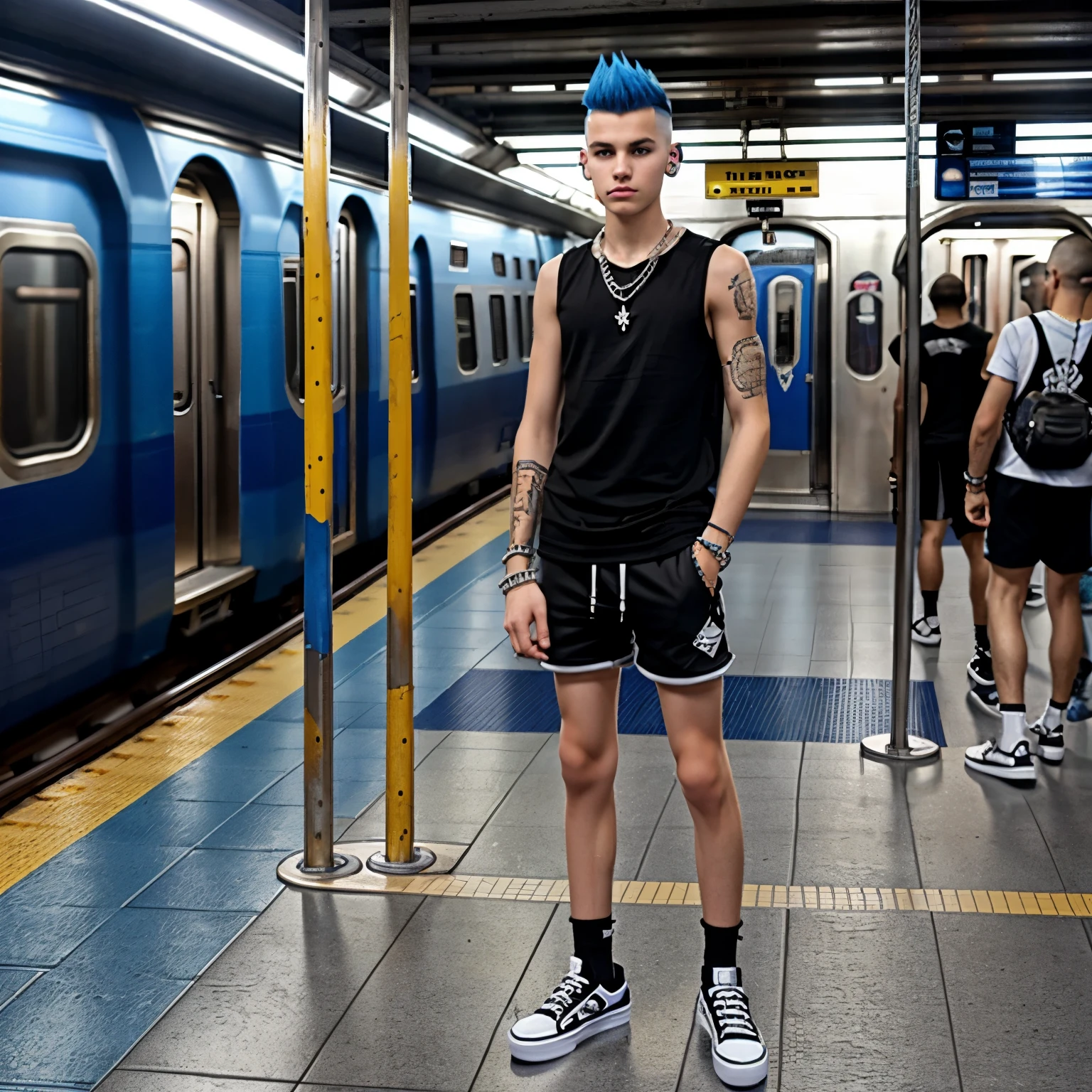full view full body, 18yo thin teen white european boy with cobalt-blue spiky mohawk strip in the middle of his head,  wearing black sleeveless t-shirt, black shorts, black long socks highly pulled up, black and white Vans platform oldschool low shoes, silver rings, necklaces, bracelets, waiting for a train in the Subway