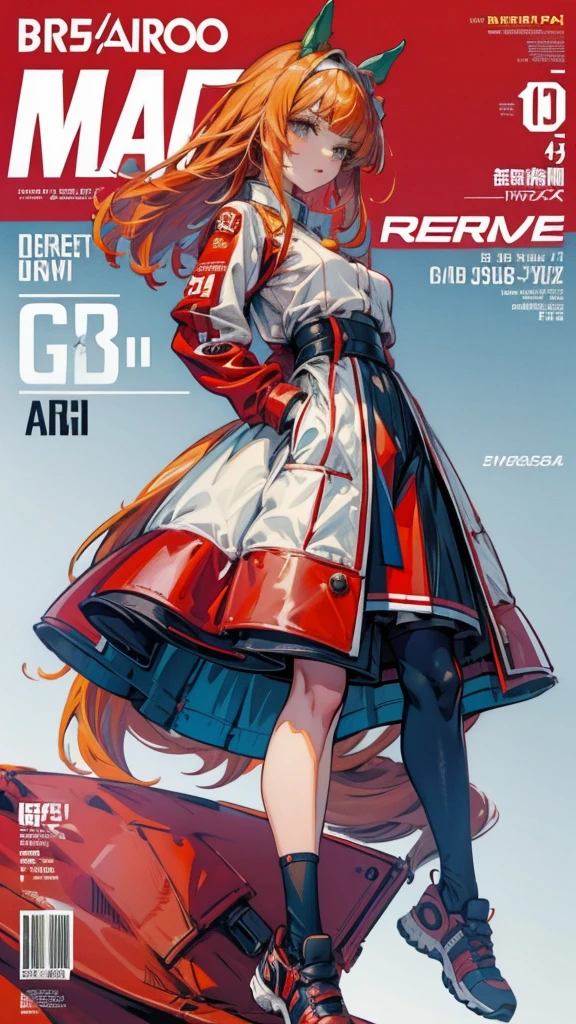 Horse-themed characters, Run, Wearing big sneakers, サイバーパンク, Scarlet image color, Keep the background simple, Magazine cover design, Horse tail, Like a horse girl, horse ears, projected inset, UHD, highres, best quality, 8k