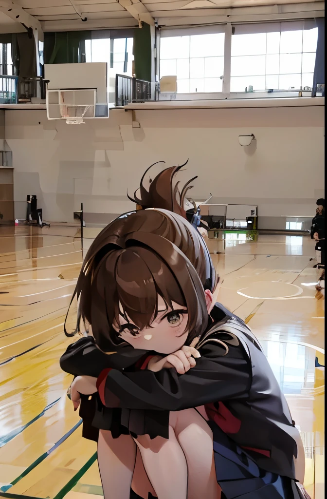 He is sitting on the floor of the school gymnasium, feeling unwell and holding his knees while observing a class.,(masterpiece, best quality:1.2),illustration,8k,HD,1girl,独奏,upper body,(portrait:1.2),brown_hair,folded_ponytail,brown_eyes,serafuku,long_hair,school_uniform,skirt,pleated_skirt,