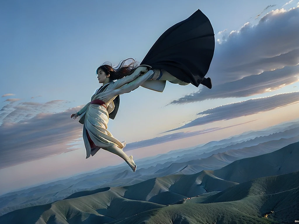 Fantastic sky　Kimono Pose　A woman flying high in the sky　Long Hair