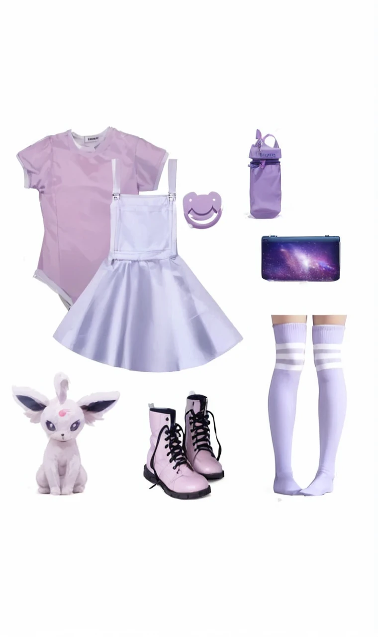 10 year old japanese girl wearing pink bodysuit, light blue overall dress, pink tigh high socks and white boots