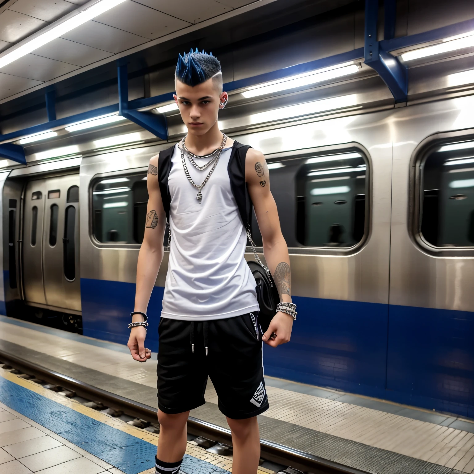 full view full body, 18yo thin teen white european boy with cobalt-blue mohawk strip in the middle of his head, wearing black sleeveless t-shirt, black shorts, black long socks highly pulled up, black Vans platform oldschool shoes, silver rings, necklaces, bracelets, waiting for a train in the Subway
