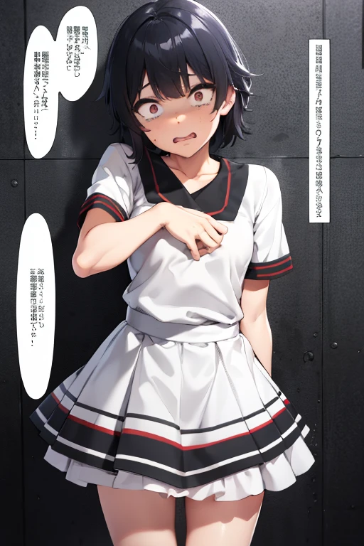 ((Solo weak boy:1.3)),(fullbody),(disappointed:1.3,constricted pupils:1.4),flat,chest,embarrassed,tears:1.3,show teeth,tearsdrop,Highest quality, High resolution,very short cut mens messy hair,(undres black White border stripe dress),Detailed face,oily shine skin,in the classroom,lora:ppfs:0.6,just before rape,