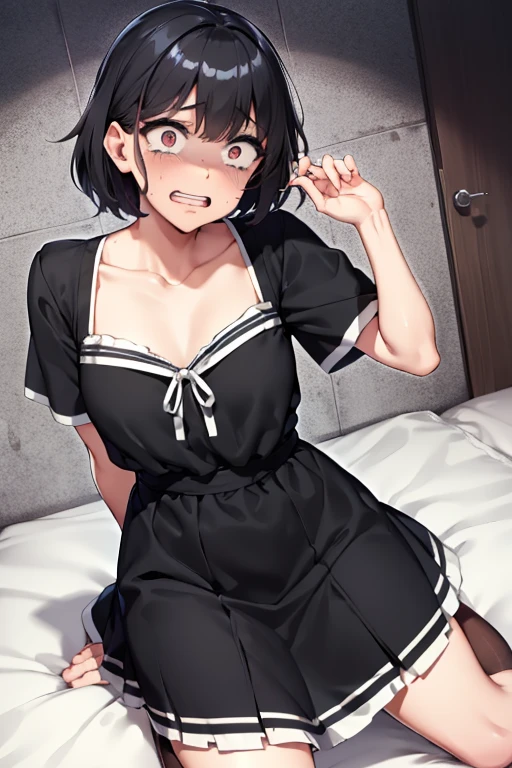 ((Solo weak boy:1.3)),(fullbody),(disappointed:1.3,constricted pupils:1.4),flat,chest,embarrassed,tears:1.3,show teeth,tearsdrop,Highest quality, High resolution,very short cut mens messy hair,(undres black White border stripe dress),Detailed face,oily shine skin,in the classroom,lora:ppfs:0.6,just before rape,