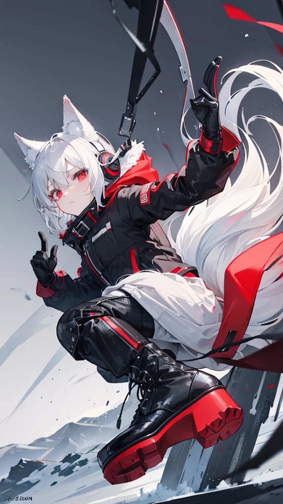 Winter city,whole body,shortness of breath,Beastman,shota,Wolf,headphone,Long Parka,pants,Black combat long boots,Stiletto heels with red soles,Running,Character portrait, High resolution, 