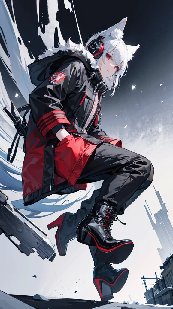 Winter city,whole body,shortness of breath,Beastman,shota,Wolf,headphone,Long Parka,pants,Black combat long boots,Stiletto heels with red soles,Running,Character portrait, High resolution,