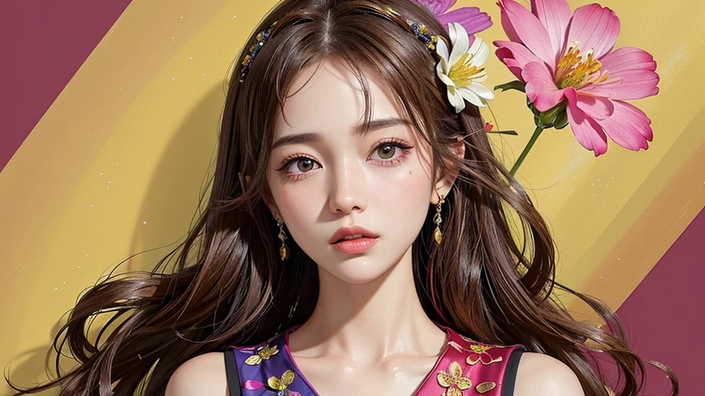 One girl, alone, flower畑, flower, (Official Art, unity 8k wallpaper, Super detailed, beautifully、aesthetic, masterpiece ,Highest quality:1.3), (Dynamic Angle:1.2), (Floating colorful sparkles:1) , elegant, Vibrant colors, Highly detailed face, Detailed eyes, Glowing Skin, Glossy Lips , Red and yellow background, Brown Hair,