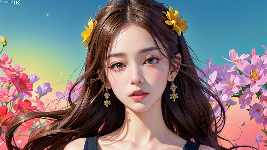 
One girl, alone, flower畑, flower, (Official Art, unity 8k wallpaper, Super detailed, beautifully、aesthetic, masterpiece ,Highest quality:1.3), (Dynamic Angle:1.2), (Floating colorful sparkles:1) , elegant, Vibrant colors, Highly detailed face, Detailed eyes, Glowing Skin, Glossy Lips , Red and yellow background, Brown Hair,