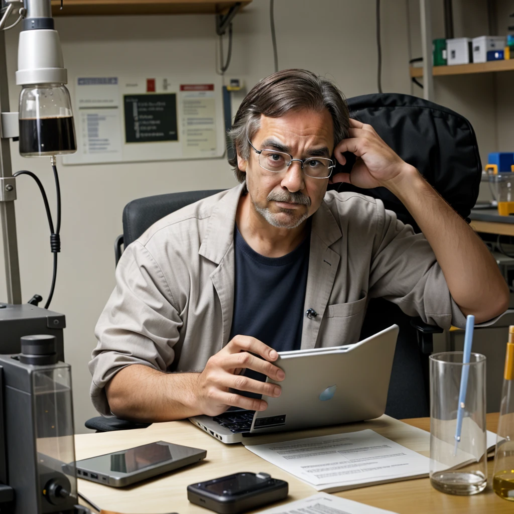 A thinking physics professor sits at his laptop in his lab with a serious face.